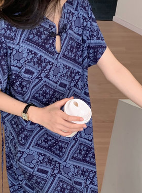 新中式可外穿棉绸加长款盘扣连衣裙短袖系绳睡衣睡裙女夏季人棉裙