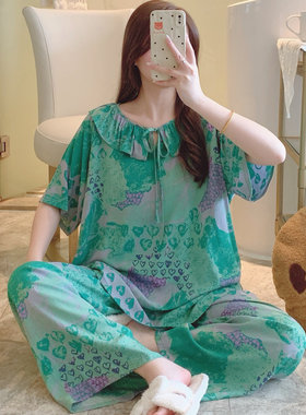 棉绸睡衣女春夏季薄款短袖长裤宽松青年人棉宽松家居服套装可外穿
