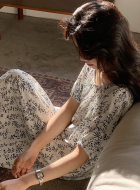 短袖青花瓷中式棉绸睡裙女春夏季薄款家居服裙子宽松连衣裙可外穿