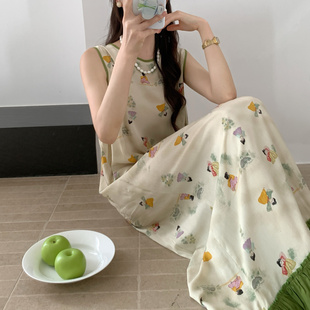 国风汉服甜美仕女图印花睡裙女夏薄款无袖长裙可外穿家居服连衣裙