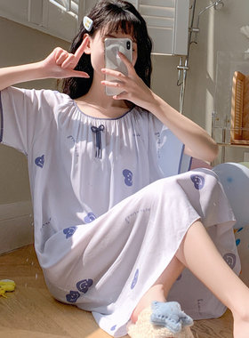 棉绸睡裙女夏薄款甜美人造棉睡衣