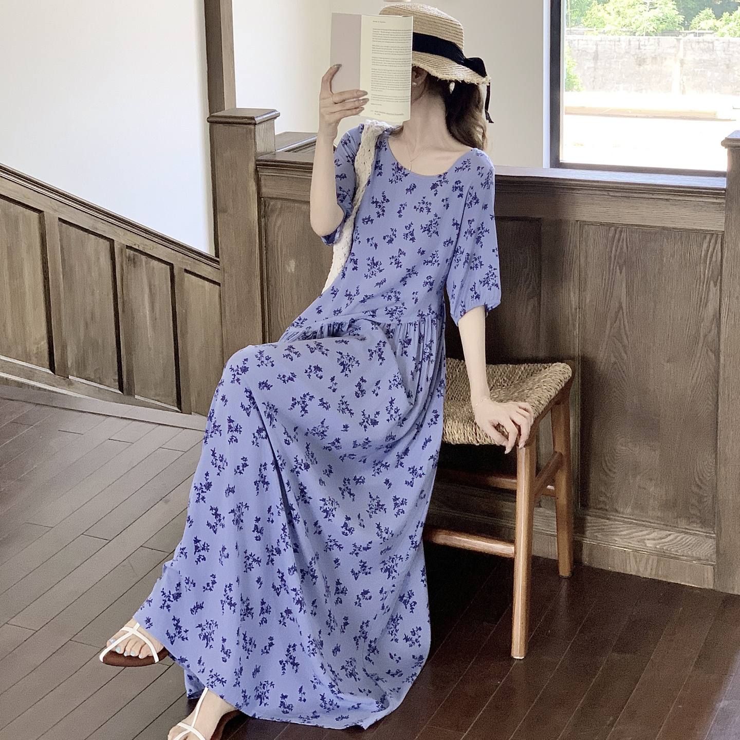 新中式连衣裙度假风女款2025新款春夏季加长款棉绸睡裙家居服裙子