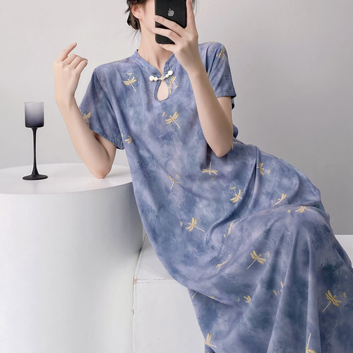 改良旗袍夏季连衣裙可外穿长裙立领睡裙短袖棉绸睡裙家居服纯欲风