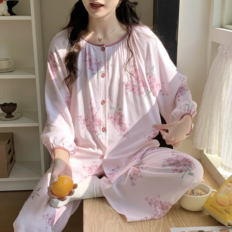 碎花棉绸睡衣女春秋款绵绸开衫九分袖夏季空调服套装田园风家居服