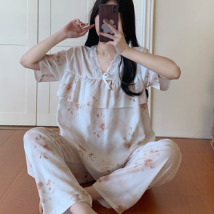 夏季女士棉绸睡衣短袖长裤印花防凸点薄款宽松家居服套装休闲凉快