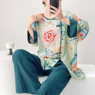 睡衣女套装绵绸国风印花家居服夏天可外穿新中式大码薄款人造棉绸