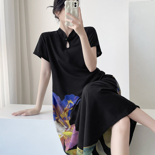 黑色收腰复古旗袍新中式中国风女夏棉绸睡裙清冷贵气可外穿连衣裙