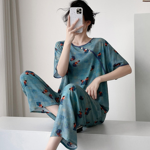 唐装改良女士夏季短袖阔腿裤薄款棉绸新中式可外穿卡通家居服套装