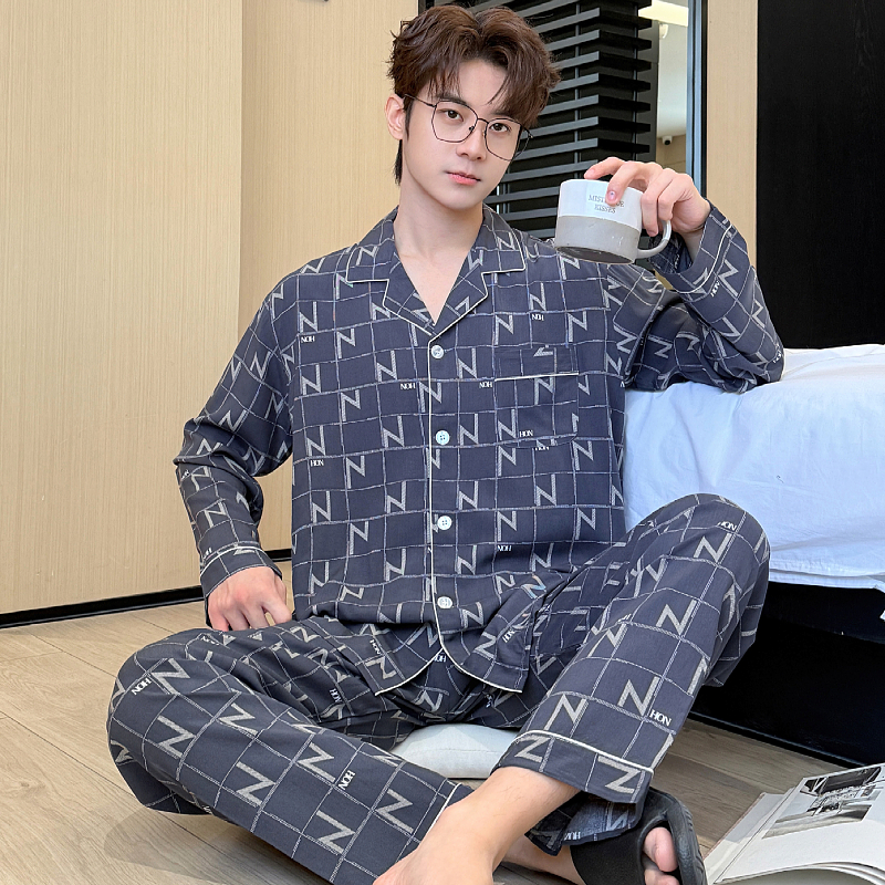 2025新款棉绸睡衣青少年男士长袖开衫睡衣套装春夏季薄款人棉睡衣