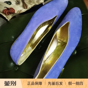 美国Ferragamo女士磨砂皮紫色尖头粗跟浅口单鞋平底鞋