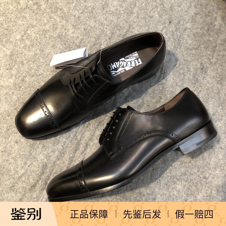 意大利Ferragamo菲拉格慕黑色男士商务正装截头德比单皮鞋