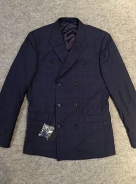 英国DKNY深蓝色暗格子纯羊毛男双排扣西服套装西装两件套