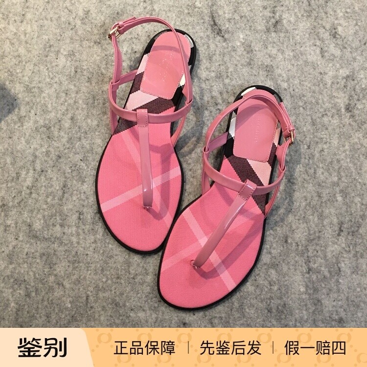 德国粉色格子绑带平底夹脚凉鞋