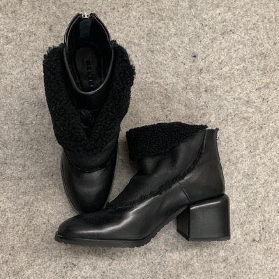 美国捷克黑色方跟后拉链羊毛靴