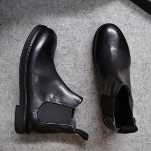 德国采购新品Marsell黑软面皮套脚平底短筒厚底切尔西男靴踝靴