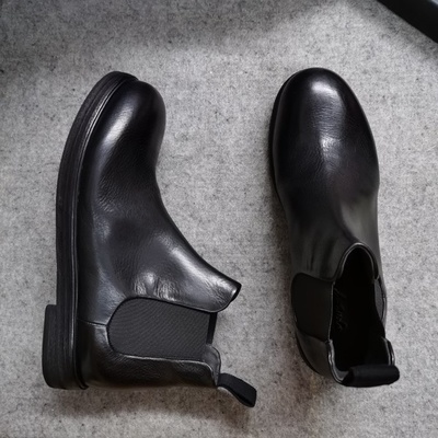 德国采购新品Marsell黑软面皮套脚平底短筒厚底切尔西男靴踝靴