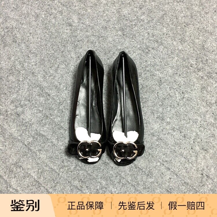 美国GUCCI古奇黑色漆皮G字金属扣女鱼嘴低帮芭蕾平底鞋