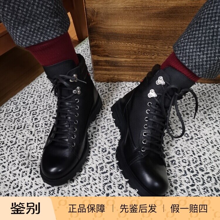 美国采购新品GUCCI黑色古奇织物真皮拼接男高帮皮鞋短靴登山靴