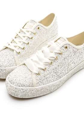 Keds联名款婚礼鞋亮片浅口圆头休闲鞋甜美帆布鞋系带女士微暇