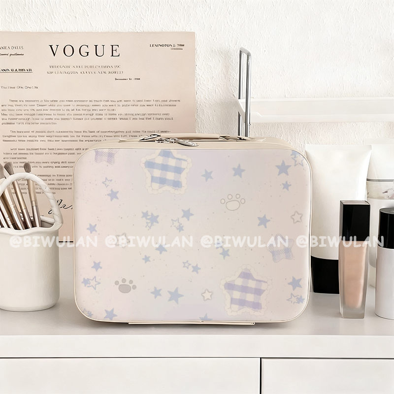 蓝紫格星星化妆包便携带镜子化妆箱大容量化妆品收纳包旅行手提箱