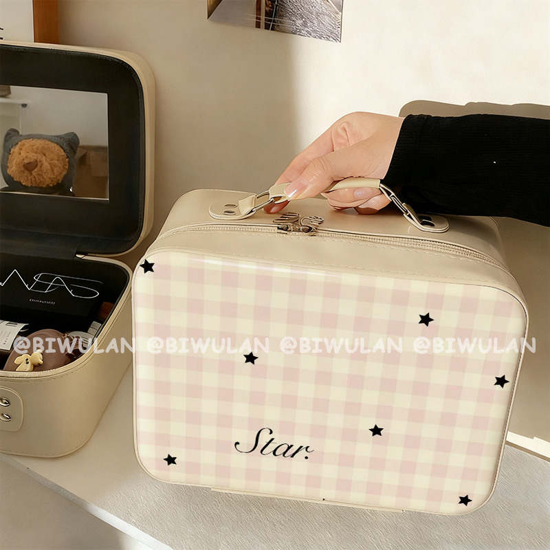 粉格黑星星化妆包便携带镜子化妆箱大容量化妆品收纳包旅行手提箱