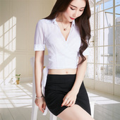 绑带深v低胸套装 2020夏季 新款 透视上衣雪纺衬衣性感职业包裙制服