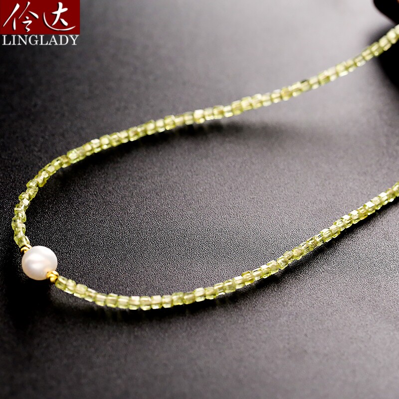 伶达925银小众作品橄榄石淡水珍珠锁骨链颈链春天的致意项链