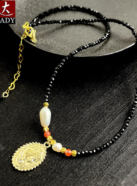 原创设计黑尖晶项链女款黑色手工绳子轻奢小众淡水珍珠锁骨链