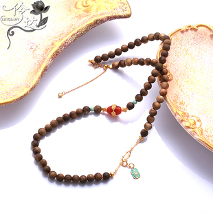 沉香木串珠项链女南红玛瑙搭配原创设计吊坠锁骨链