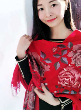 旅游披肩金丝刺绣全羊毛围巾送妈妈礼物民族风高档绣花旗袍外搭女