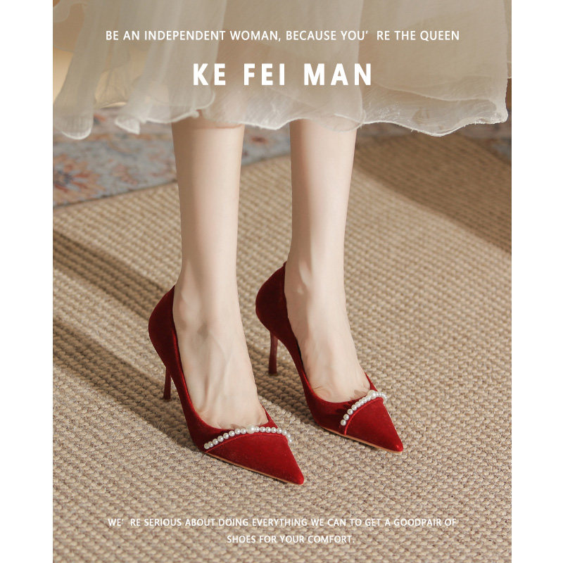 PEARL RED HIGH HEELS WEDDING SHOES WOMENS 2024 NEW XIUHE DRESS ENGAGEMENT WEDDING BRIDAL SHOES