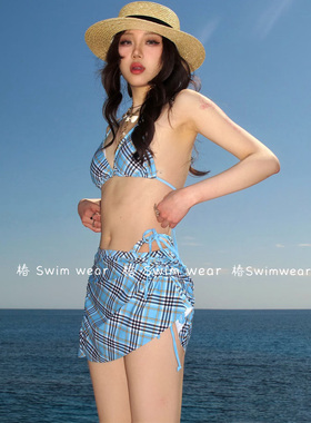 2025新款分体纯欲蓝色格子比基尼三件套小胸聚拢海岛度假辣妹泳衣
