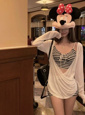 新款纯欲分体条纹三件套保守平角裤性感微透针织罩衫度假温泉泳衣