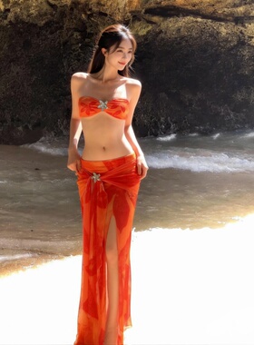 新款辣妹热带花卉橘色比基尼三件套性感开叉长裙海岛度假温泉泳衣
