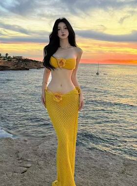 泰国新款姜黄色小众分体花朵比基尼海岛度假显瘦温泉三件套泳衣女