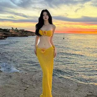 泰國新款 姜黃色小眾分體花朵比基尼海島度假顯瘦溫泉三件套泳衣女