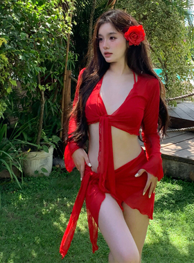 网红同款纯欲性感辣妹大红色比基尼四件套长袖防嗮分体泳衣带头花