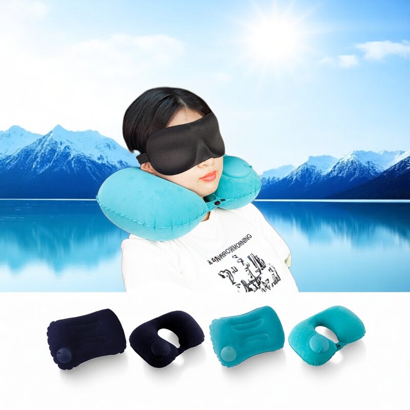 汽车颈枕腰靠套装旅游车用护颈枕腰垫按压充气植绒U型枕车载头枕