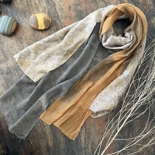 未完成 草木染植物染真丝棉麻仙气薄围巾 侘寂风时尚长条丝巾