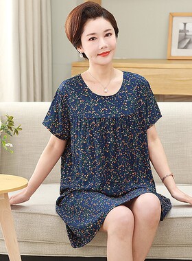 中老年睡裙女夏短袖纯棉棉绸妈妈睡衣绵绸家居休闲外穿大码连衣裙