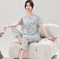 中年媽媽睡衣女夏短袖薄款開衫純棉綿綢女裝婆婆可外穿家居服套裝