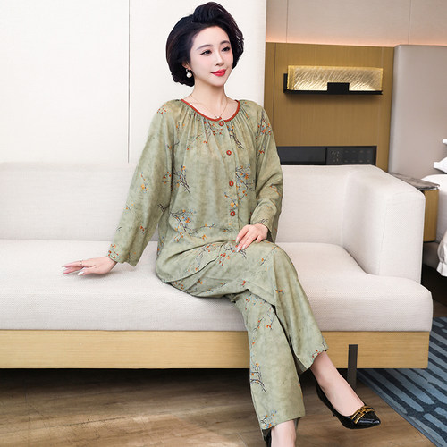 中老年睡衣女夏长袖开衫纯棉绸妈妈薄款高档莱赛尔绵绸家居服套装