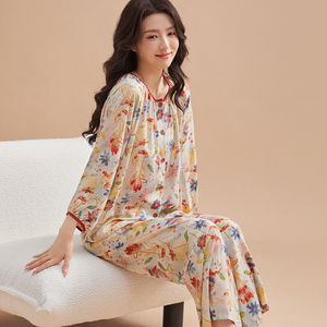 开衫睡衣女长袖薄款国风女装空调服夏季纯棉绵绸可外穿家居服套装