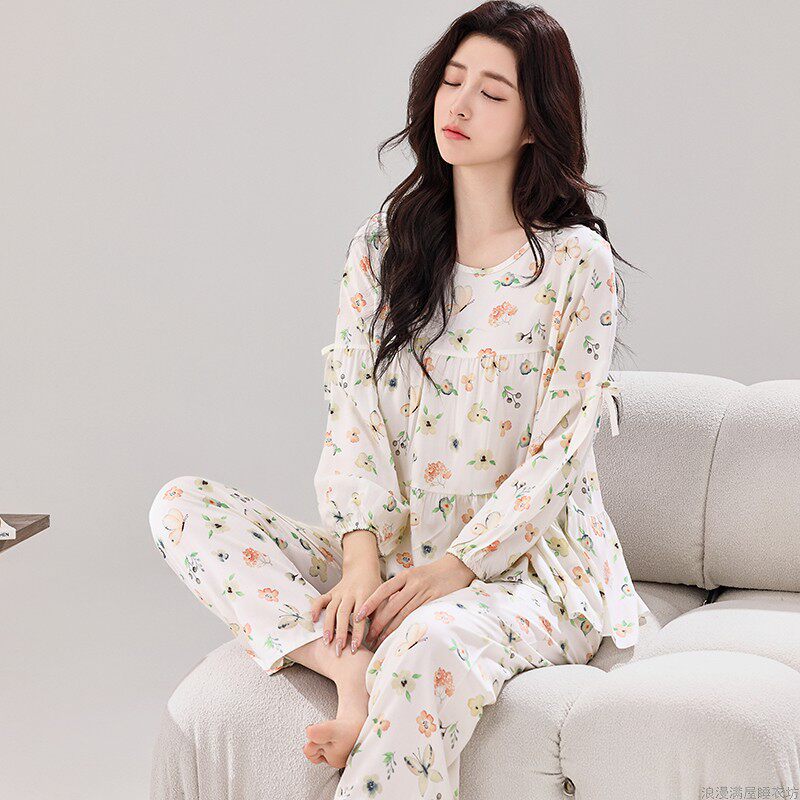 夏季空调服睡衣女春秋长袖薄款女装纯棉绵绸可外穿休闲家居服套装