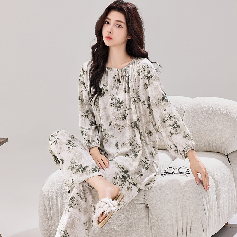 睡衣女春秋长袖薄款空调服女装夏季纯棉绵绸可外穿时尚家居服套装