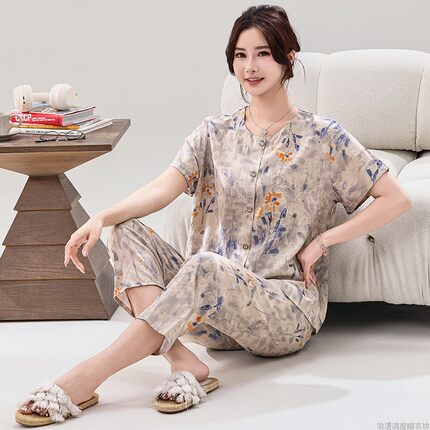 中老年睡衣女夏短袖开衫纯棉绵绸妈妈装可外穿薄款休闲家居服套装