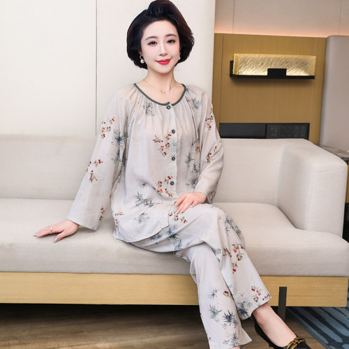 中老年睡衣女夏开衫纯棉绸妈妈薄款长袖女装莱赛尔绵绸家居服套装