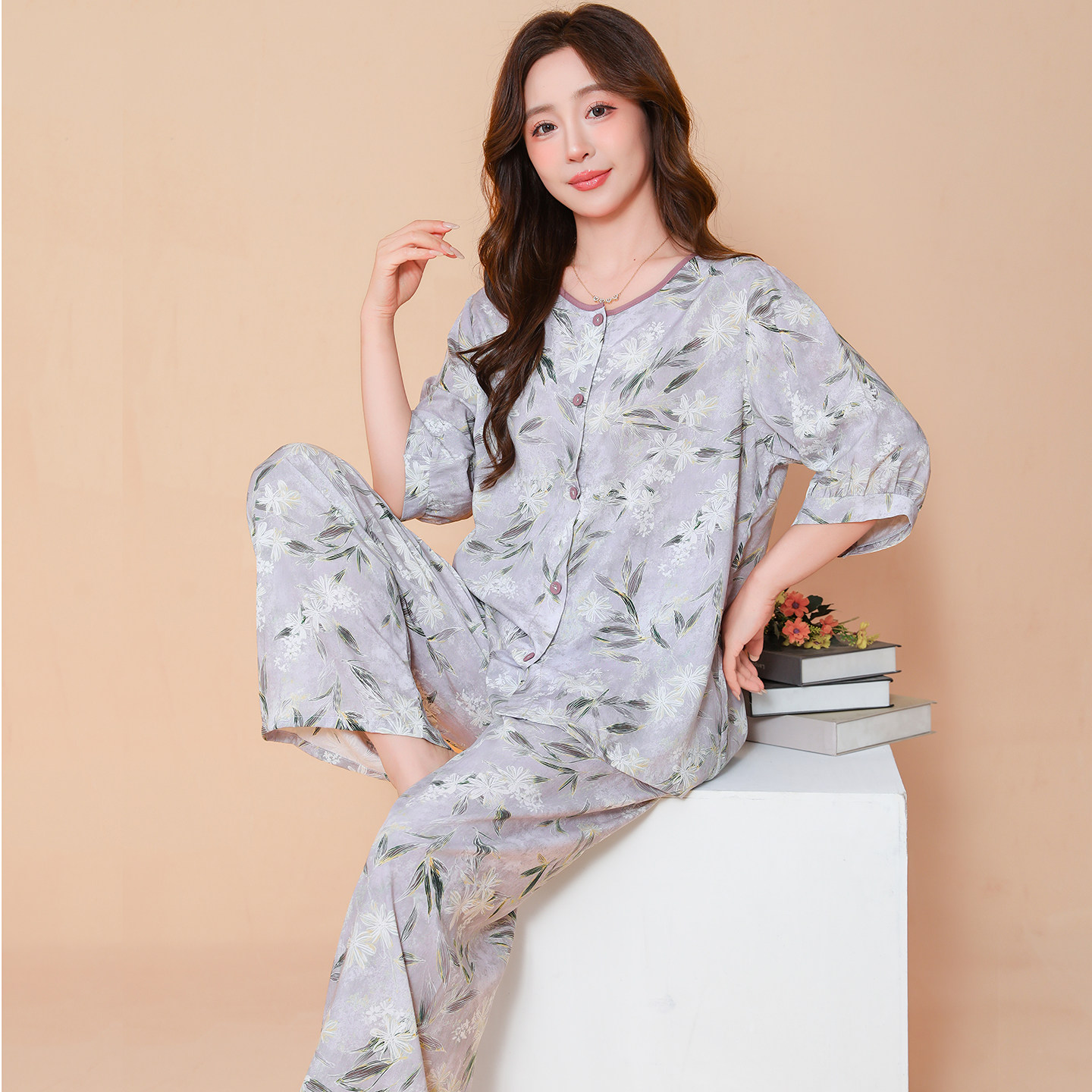 中老年睡衣女夏中袖开衫时尚纯棉绸薄款莱赛尔绵绸休闲家居服套装