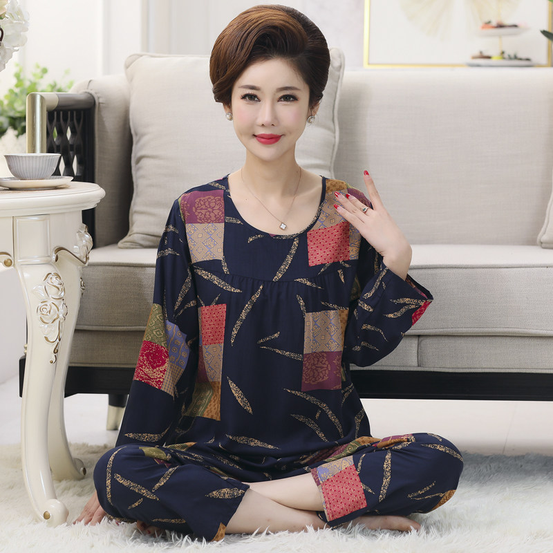 纯棉长袖人造棉绸妈妈中老年睡衣