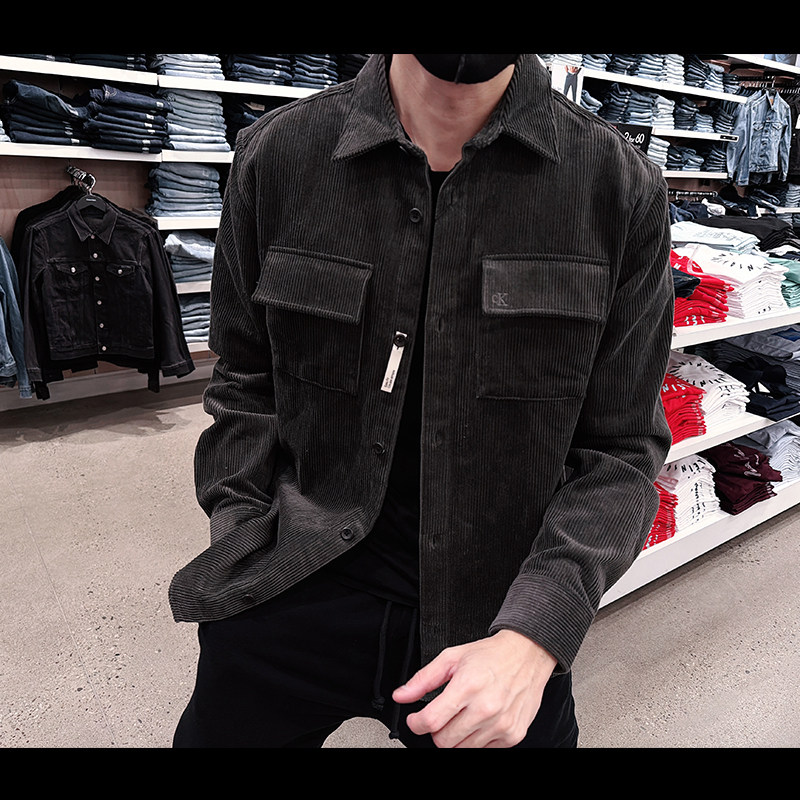 CK男士灯芯绒工装口袋长袖衬衫
